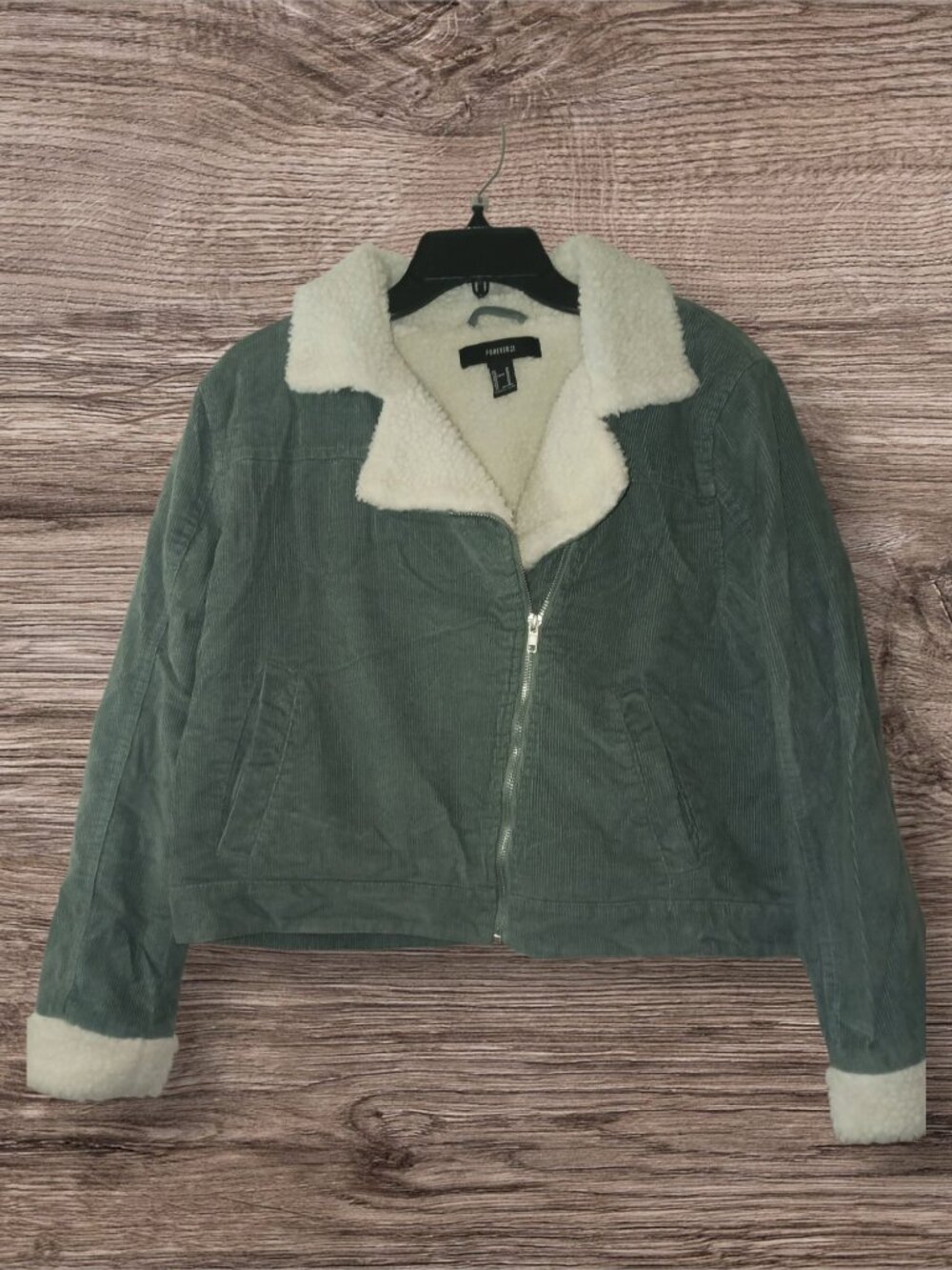 Forever 21 Corduroy Sherpa-Lined Moto Jacket Green Size Medium